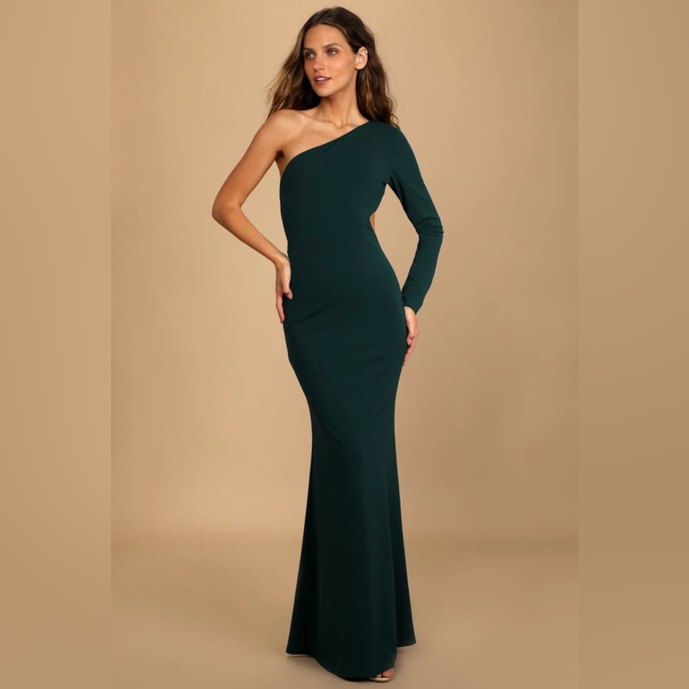 LULUS Wondrous Romance Dark Green One-Shoulder Mermaid Maxi Dress